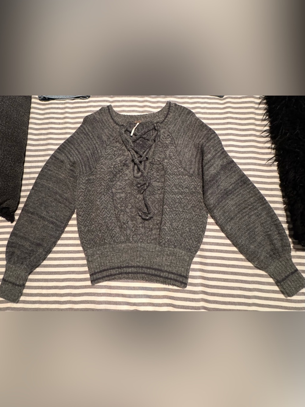 Free People Charcoal Lace-Up Cable Knit Sweater XS